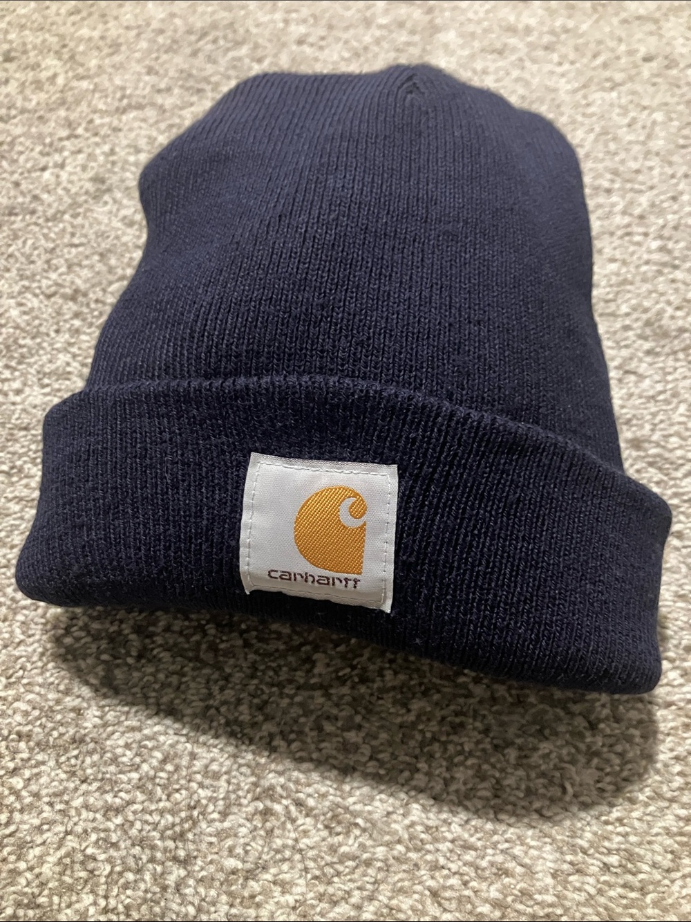 CARHARTT BEANIE KNIT WINTER HAT A18 NAVY BLUE PATCH LOGO CUFF UNISEX ADULT SIZE
